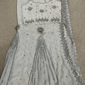 Embellished White Saree Set with Silver Crystal Accents